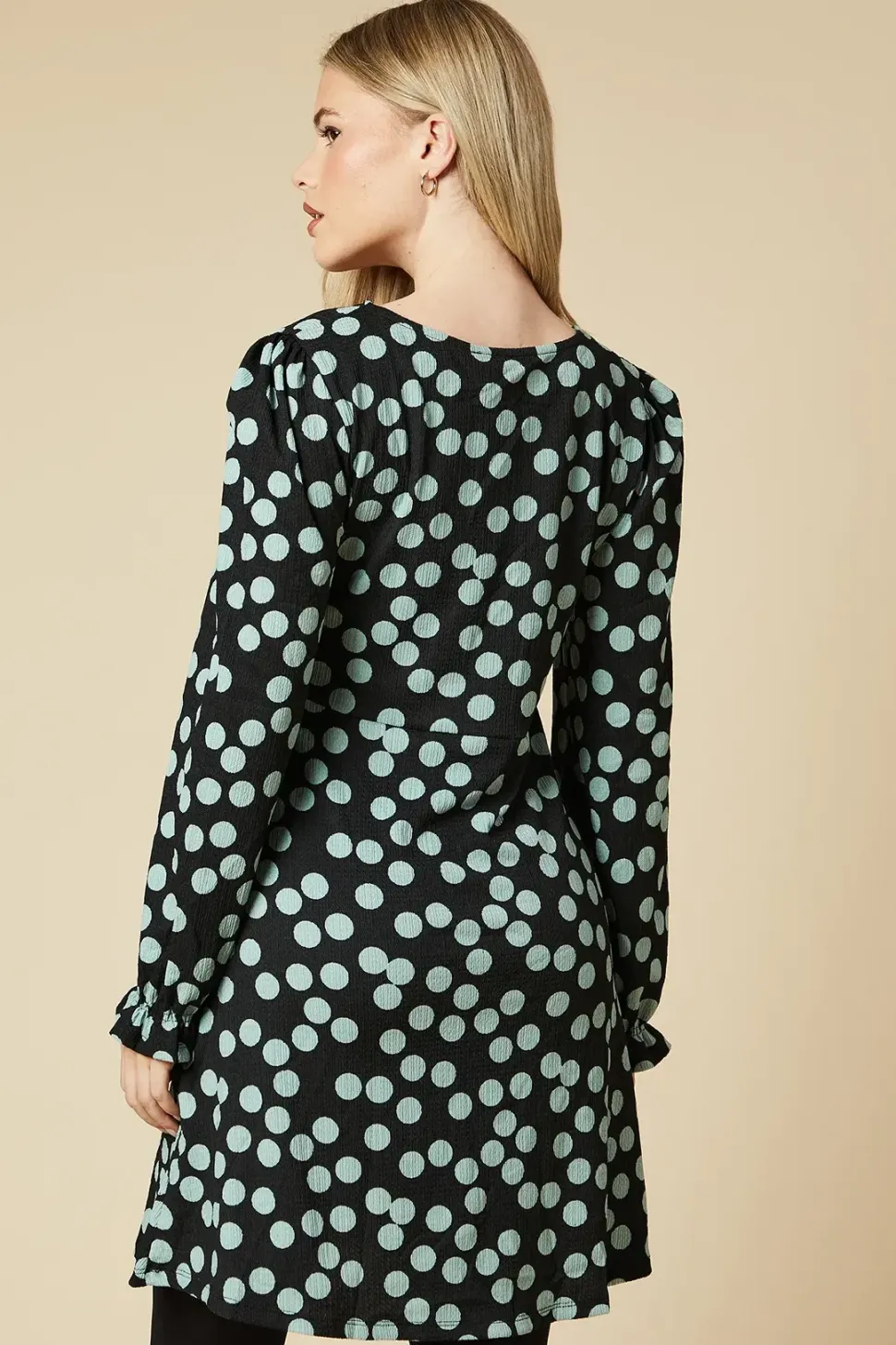 Spot Long Sleeve V Neck Mini Dress