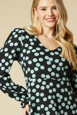 Spot Long Sleeve V Neck Mini Dress