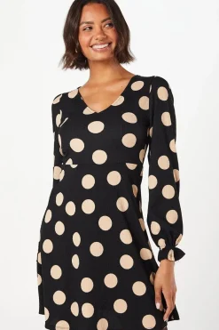 Spot Long Sleeve V Neck Mini Dress