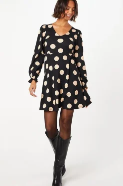 Spot Long Sleeve V Neck Mini Dress