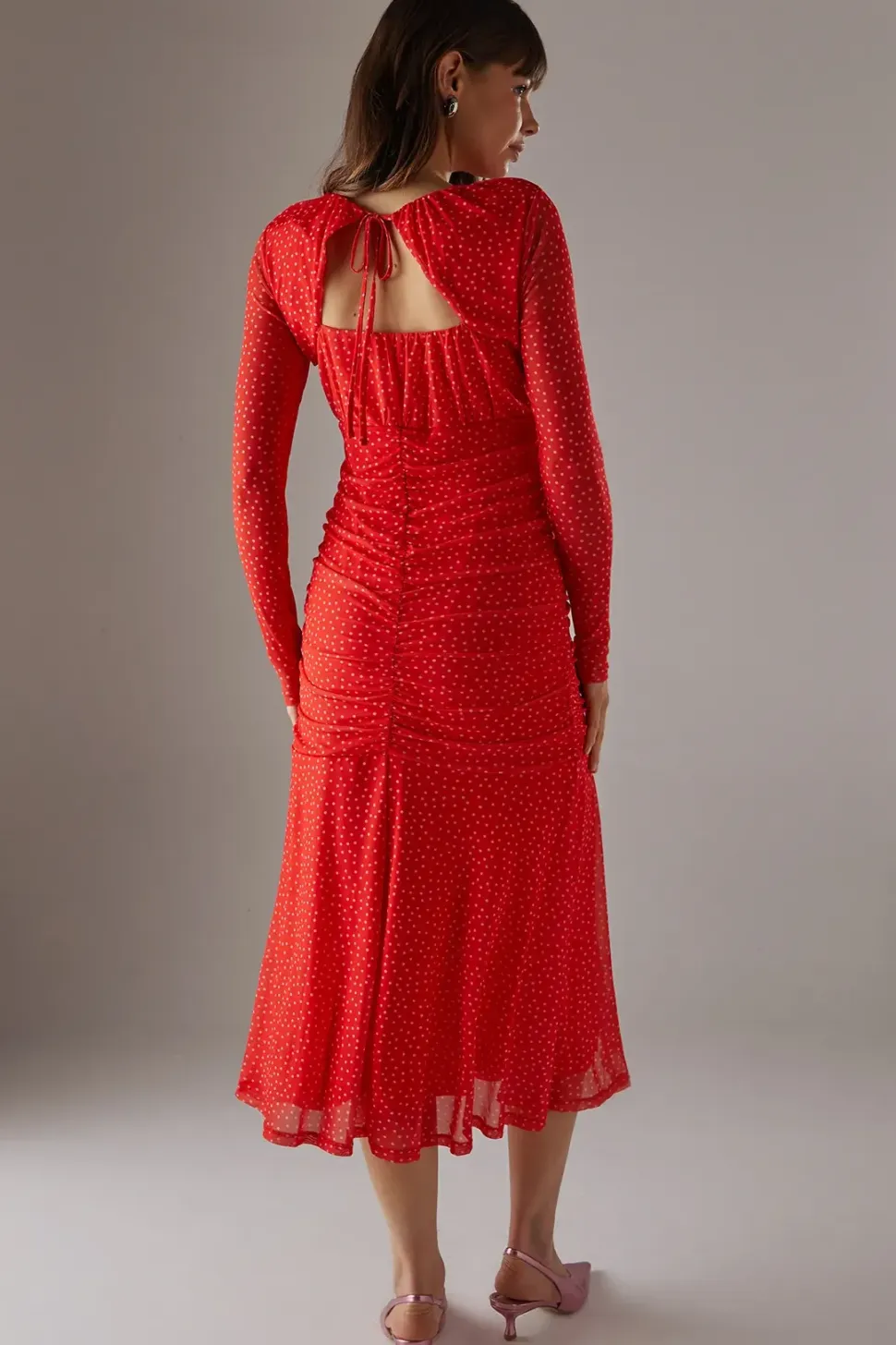 Spot Mesh Gathered Front Plunge Neck Midi Dress