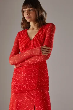 Spot Mesh Gathered Front Plunge Neck Midi Dress
