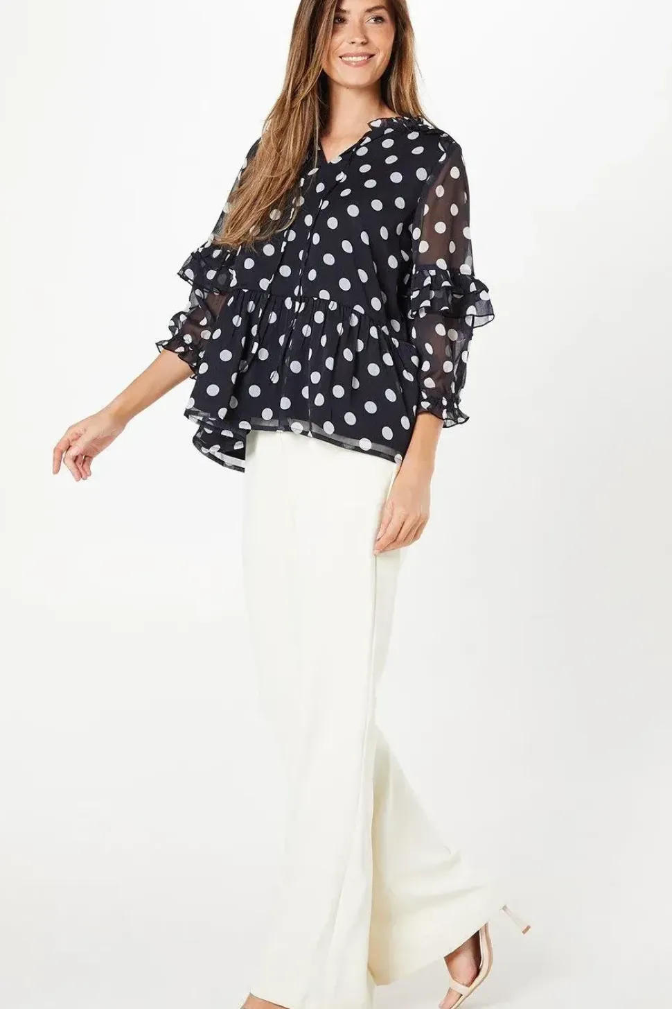 Spot Print Chiffon Ruffle Frill Boho Blouse