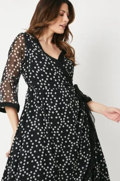 Spot Print Flute Sleeve Wrap Dress