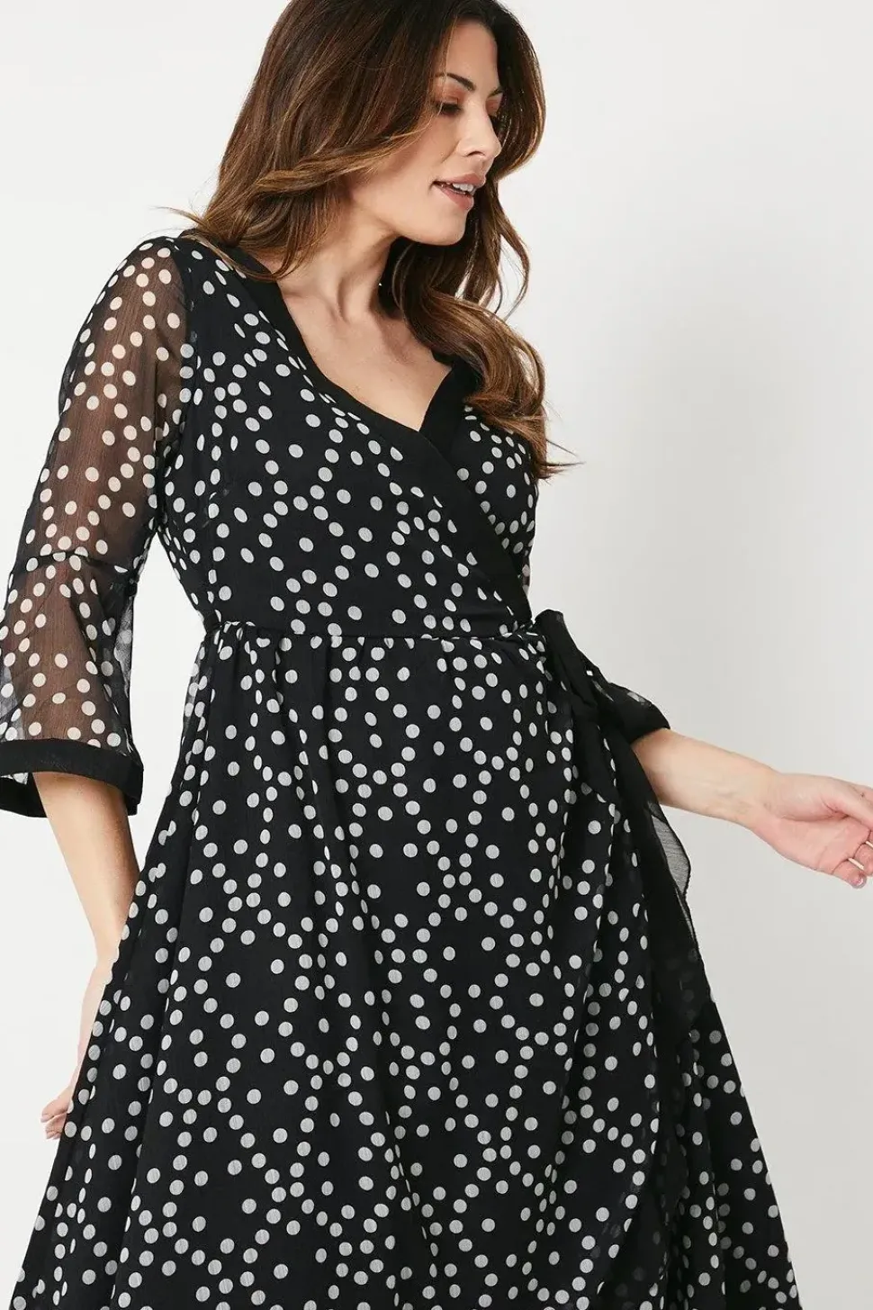 Spot Print Flute Sleeve Wrap Dress