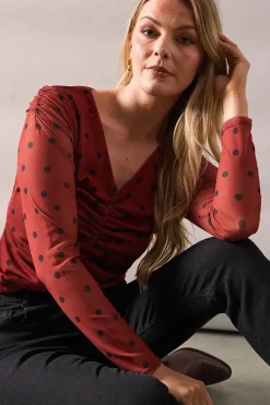 Spot Print Mesh Ruched Detail Top