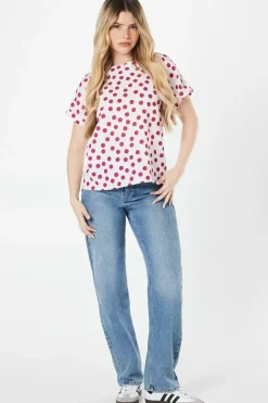 Spot Print Roll Sleeve Blouse