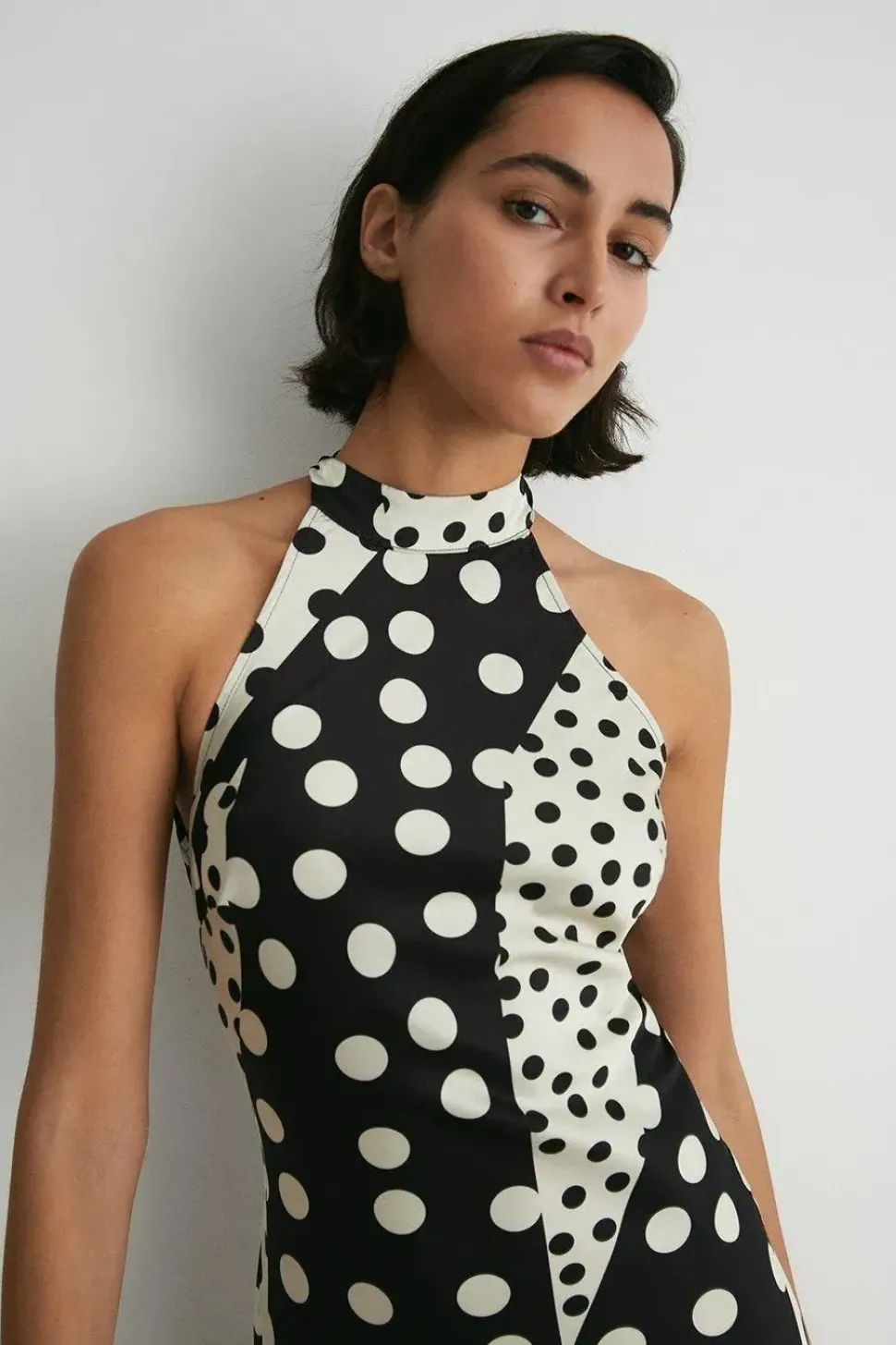 Spot Satin Halter Neck Backless Maxi Dress