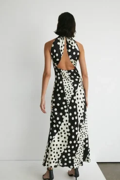 Spot Satin Halter Neck Backless Maxi Dress