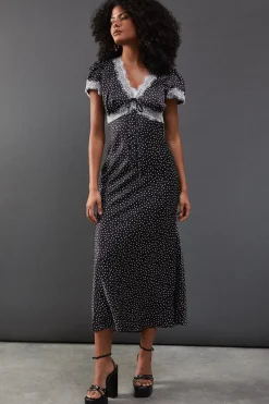 Spot Satin Lace Trim Midaxi Tea Dress