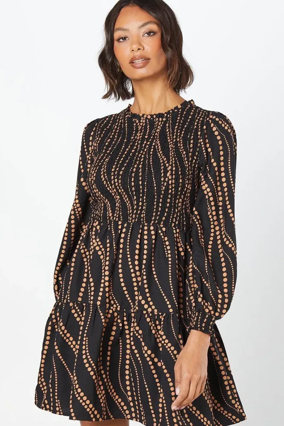 Spot Shirred Bodice Mini Dress