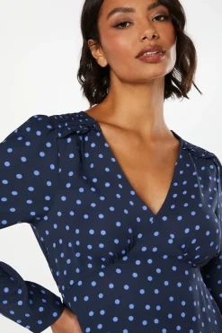 Spot Shirred Shoulder Empire Long Sleeve Mini Dress