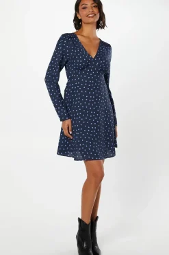 Spot Shirred Shoulder Empire Long Sleeve Mini Dress