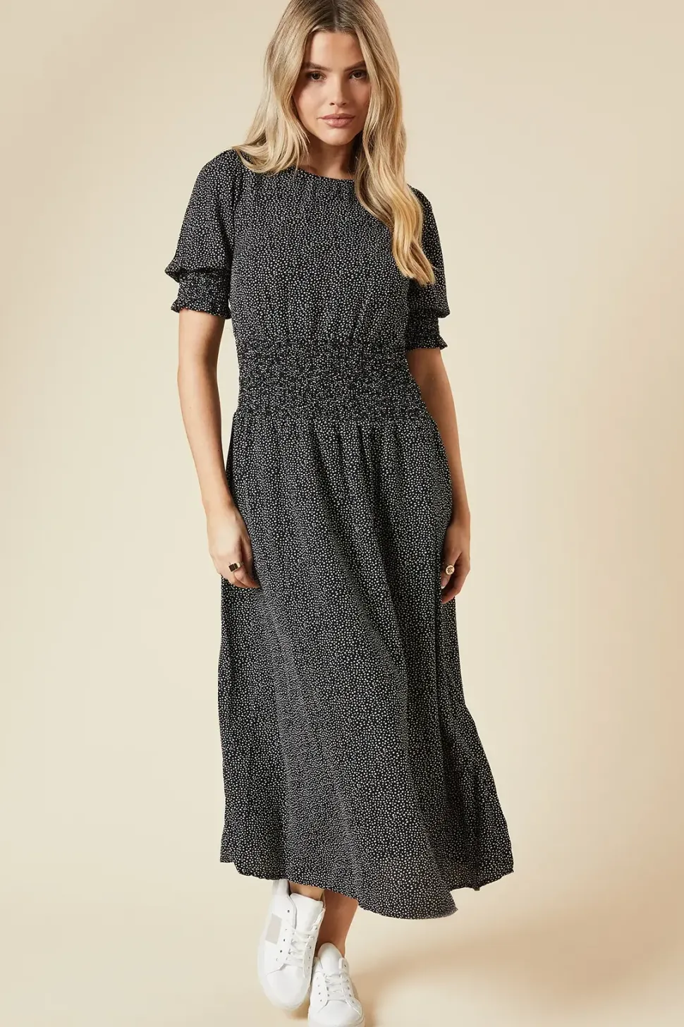Spot Shirred Waist Maxi Dress