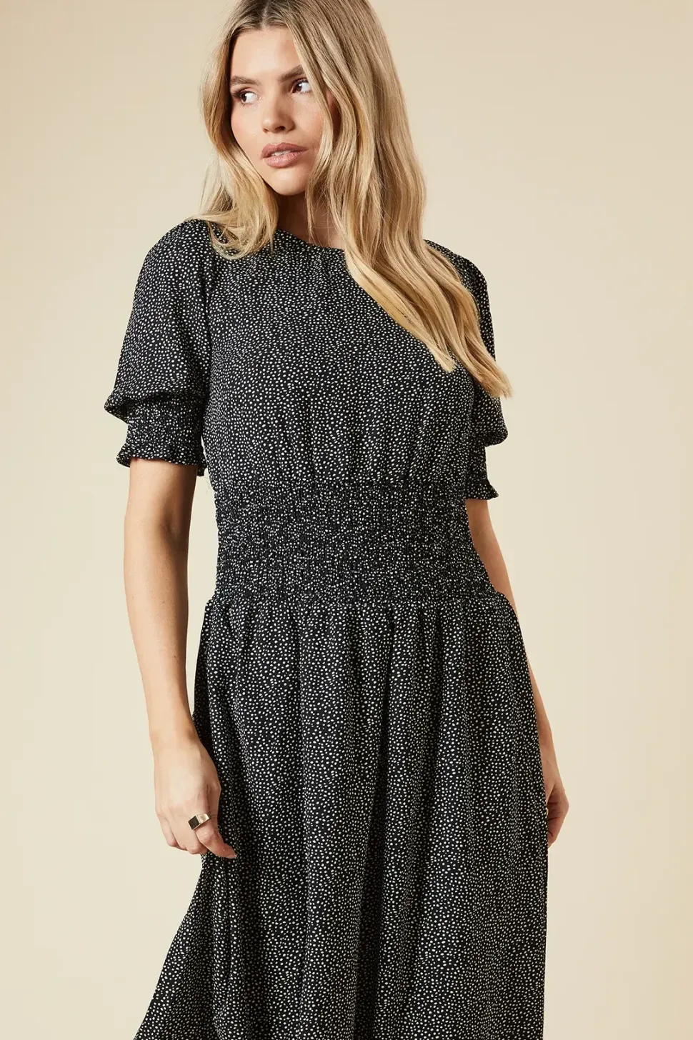 Spot Shirred Waist Maxi Dress