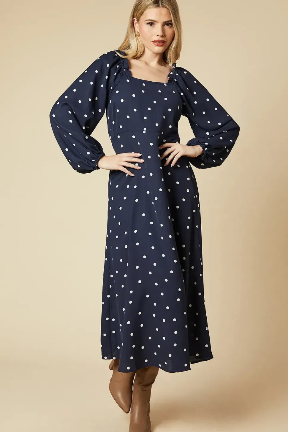 Spot Square Neck Ruffle Midi Dress