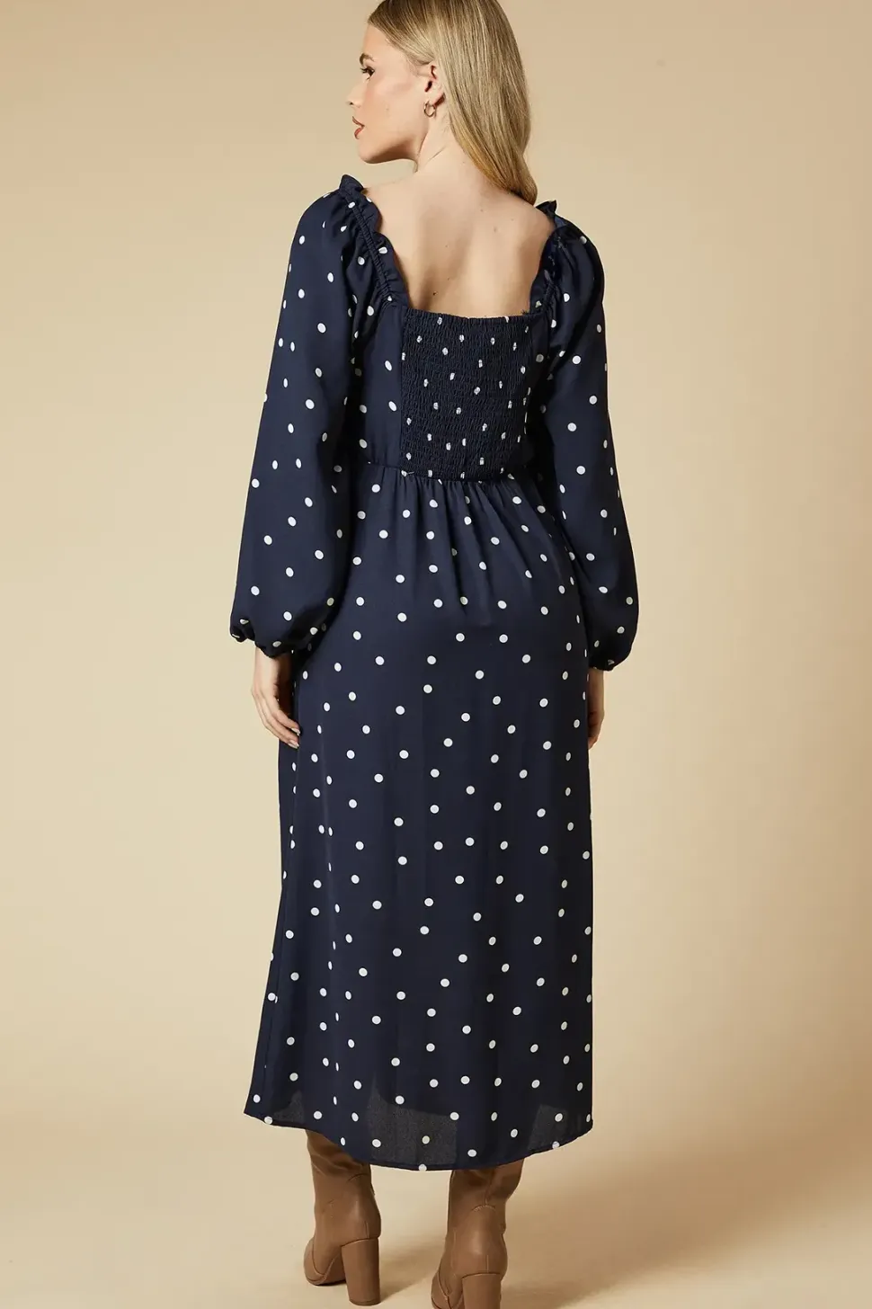 Spot Square Neck Ruffle Midi Dress