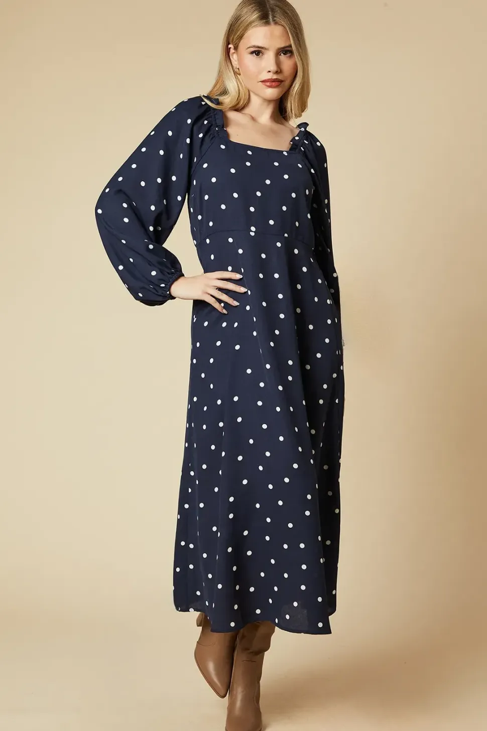 Spot Square Neck Ruffle Midi Dress