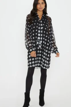 Spot Tie Neck Balloon Sleeve Shift Dress