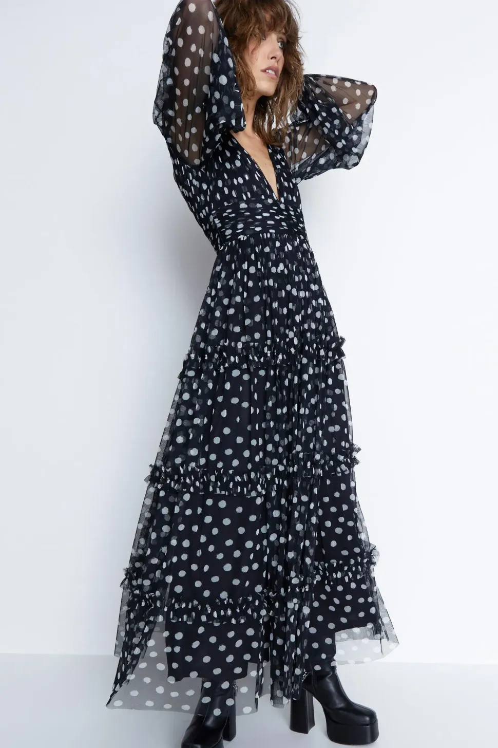 Spot Tulle Balloon Sleeve Tiered Maxi Dress