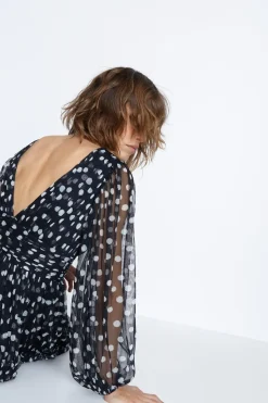 Spot Tulle Balloon Sleeve Tiered Maxi Dress