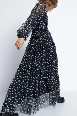 Spot Tulle Balloon Sleeve Tiered Maxi Dress