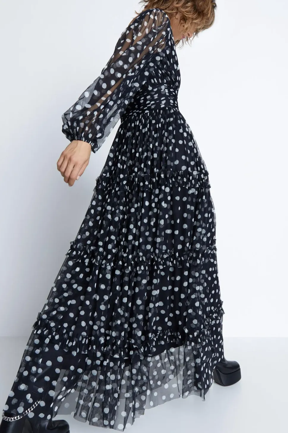 Spot Tulle Balloon Sleeve Tiered Maxi Dress