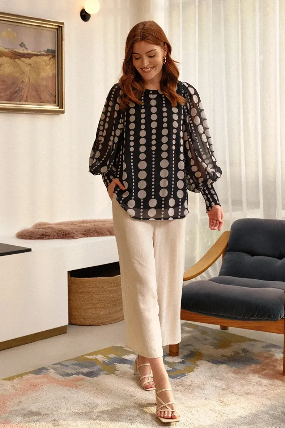 Spotty Print Semi Sheer Puff Sleeve Blouse