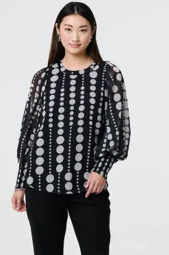 Spotty Print Semi Sheer Puff Sleeve Blouse