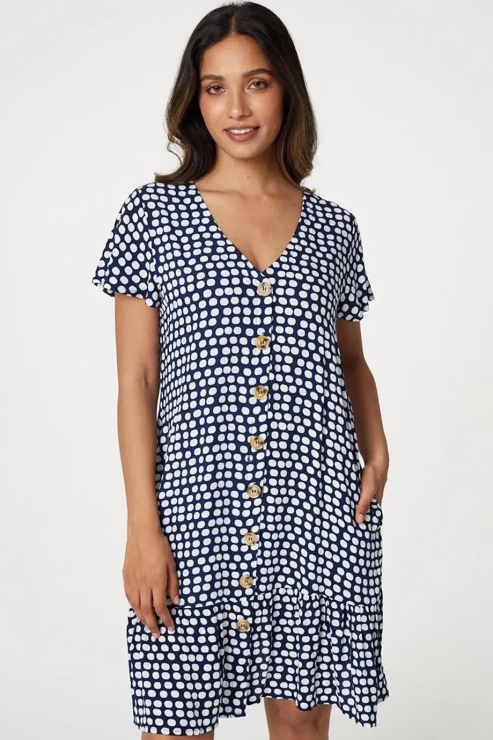 Spotty V-Neck Button Front Dress