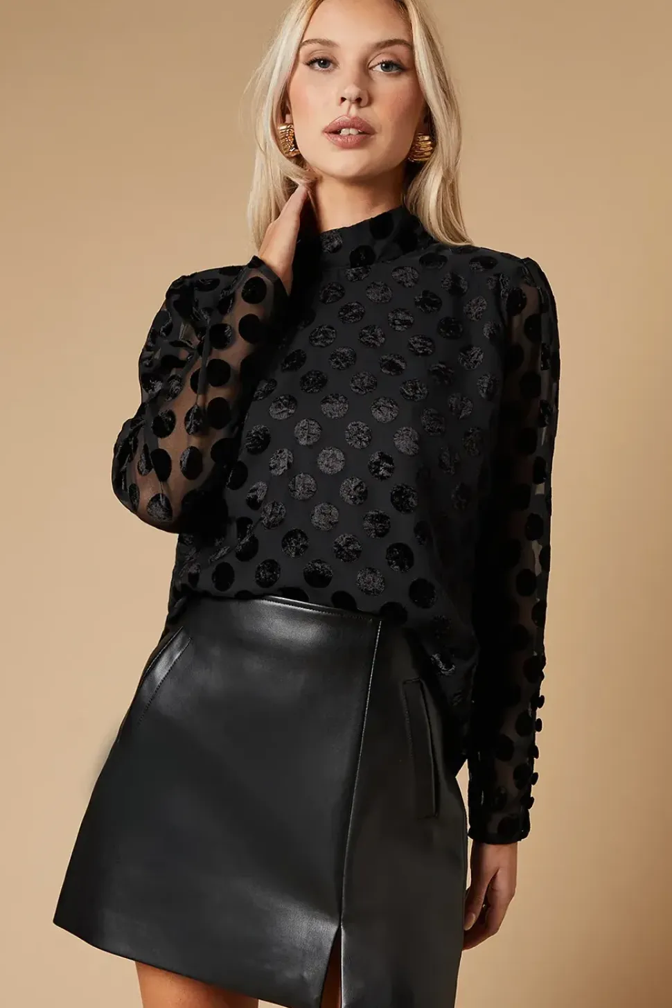 Spot Velvet High Neck Button Detail Blouse