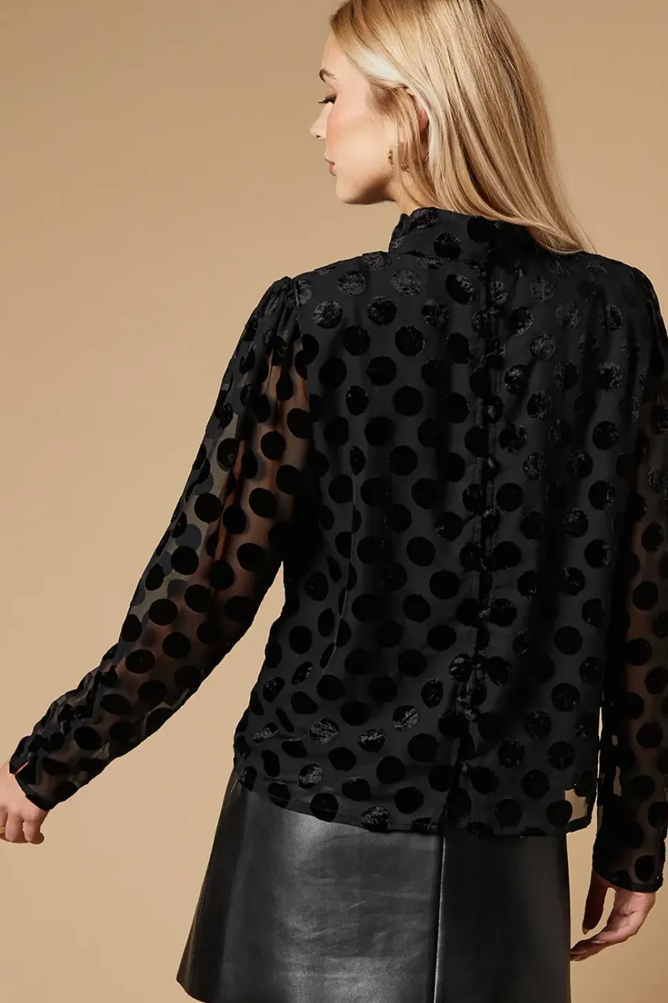 Spot Velvet High Neck Button Detail Blouse