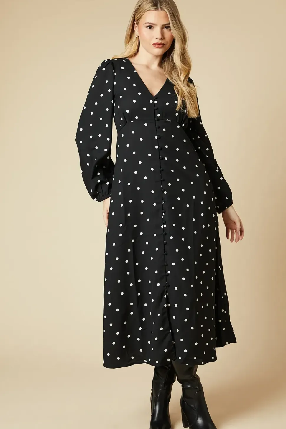 Spot V Neck Button Front Midi Dress