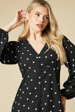 Spot V Neck Button Front Midi Dress