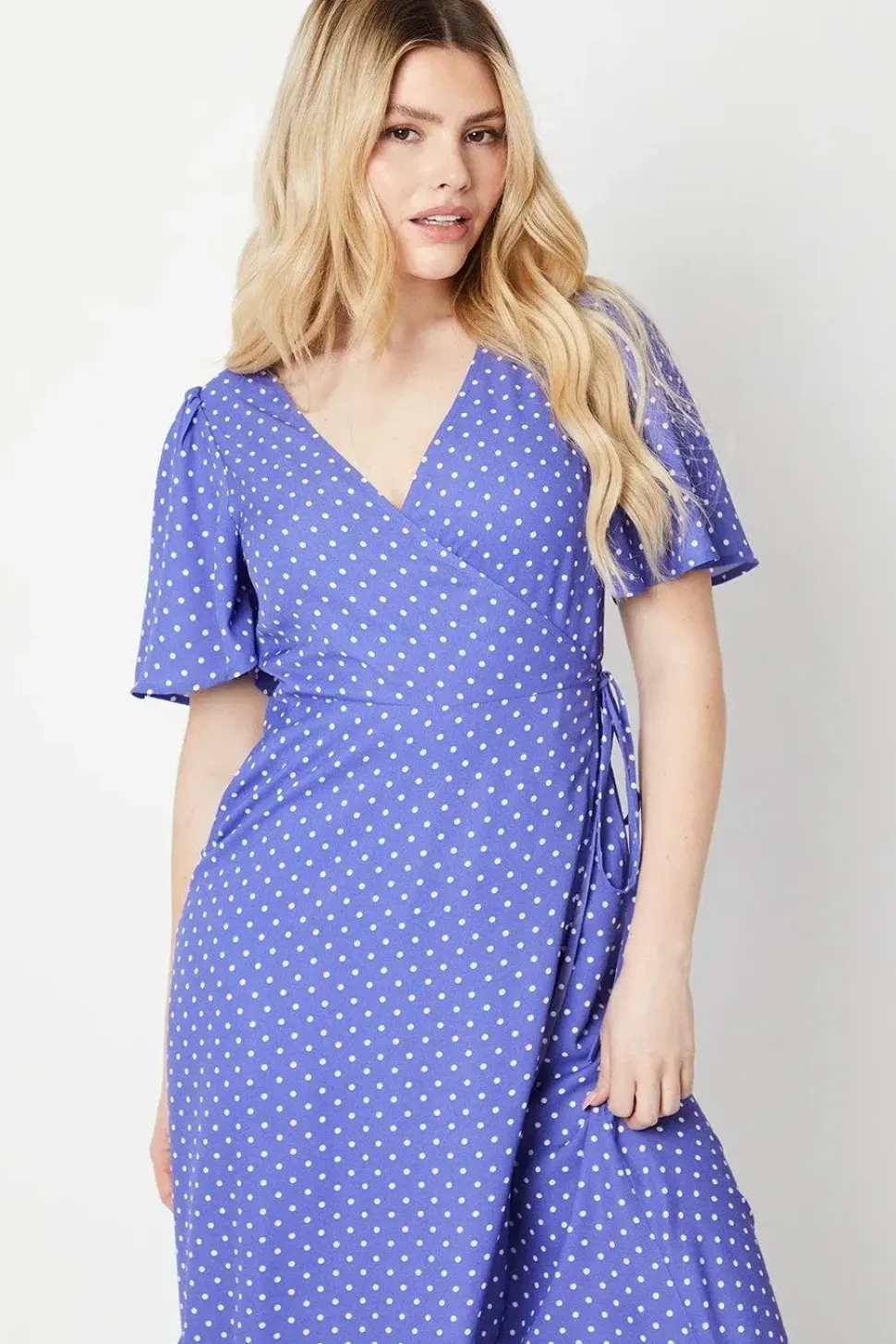 Spot Wrap Tie Side Angel Sleeve Midi Dress