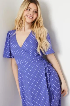 Spot Wrap Tie Side Angel Sleeve Midi Dress