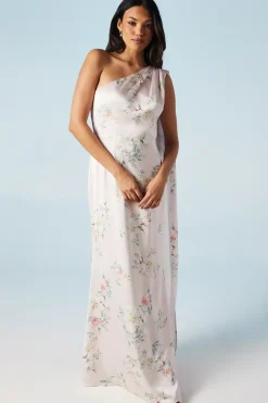 Spring Posy Printed Satin Drape Shoulder Bridesmaids Dress