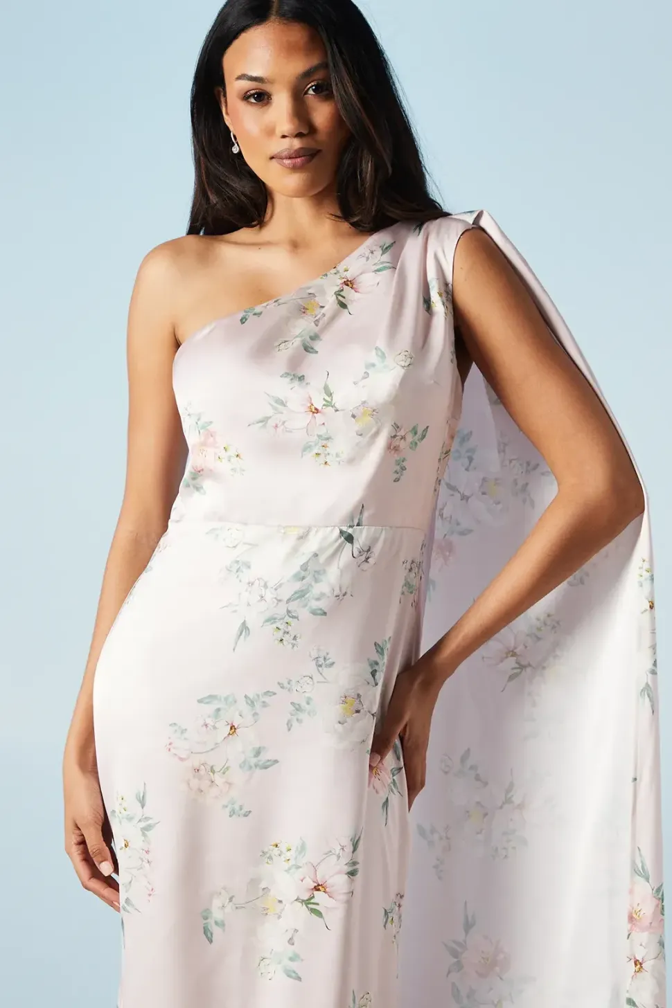Spring Posy Printed Satin Drape Shoulder Bridesmaids Dress