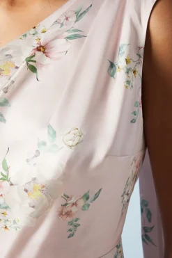 Spring Posy Printed Satin Drape Shoulder Bridesmaids Dress
