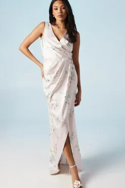 Spring Posy Printed Satin Ruche Waist Bridesmaids Dress