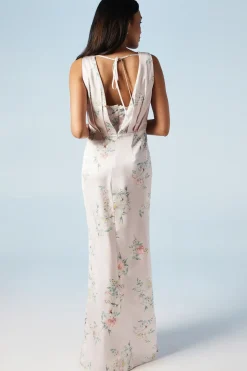 Spring Posy Printed Satin Ruche Waist Bridesmaids Dress