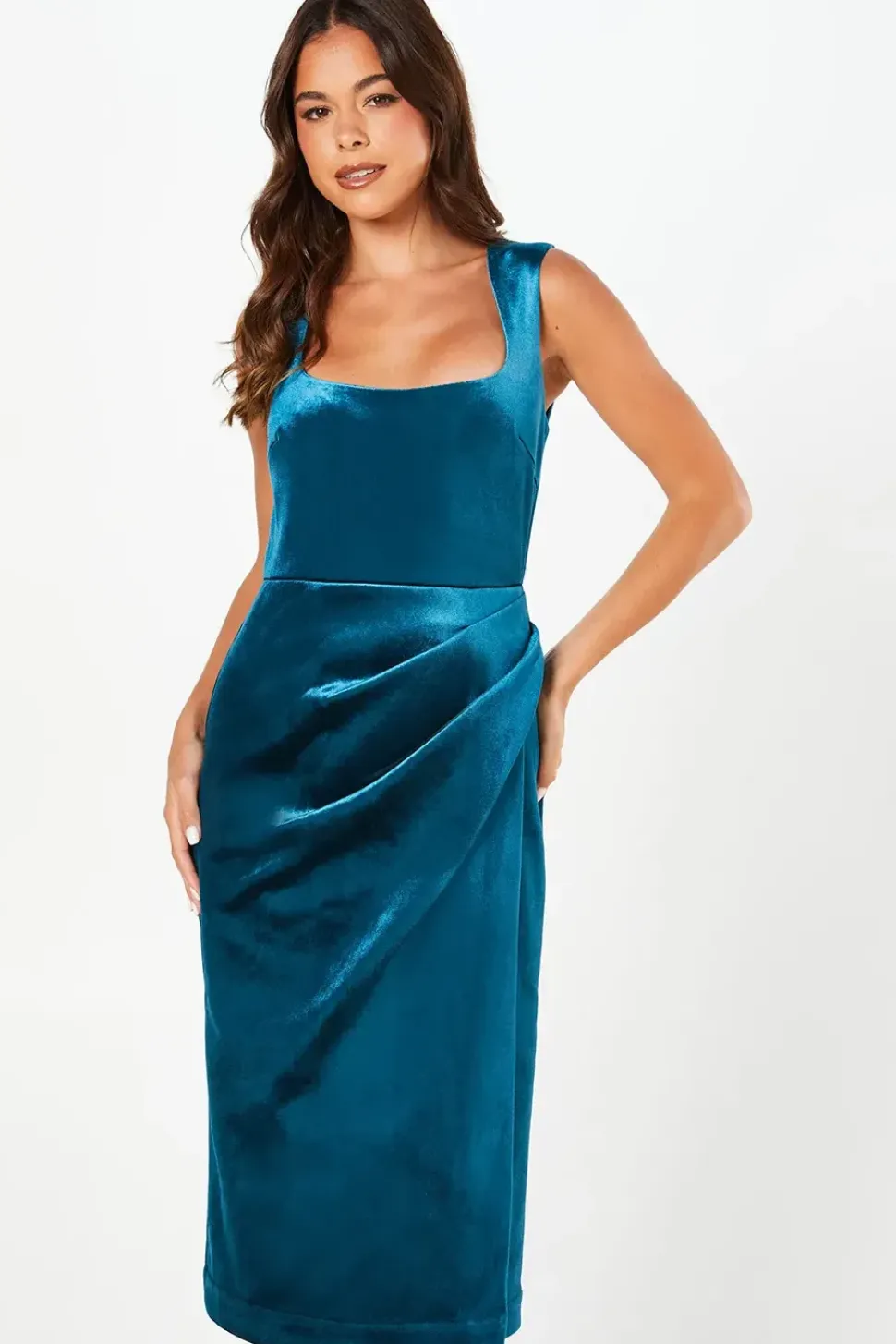 Square Neck Bonded Velvet Pencil Dress