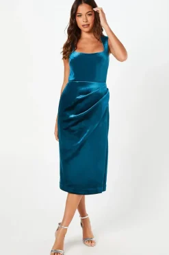 Square Neck Bonded Velvet Pencil Dress