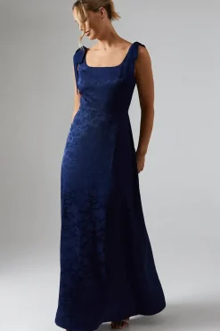 Square Neck Chiffon Tie Shoulder Satin Jacquard Bridesmaids Dress