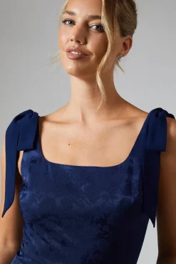 Square Neck Chiffon Tie Shoulder Satin Jacquard Bridesmaids Dress