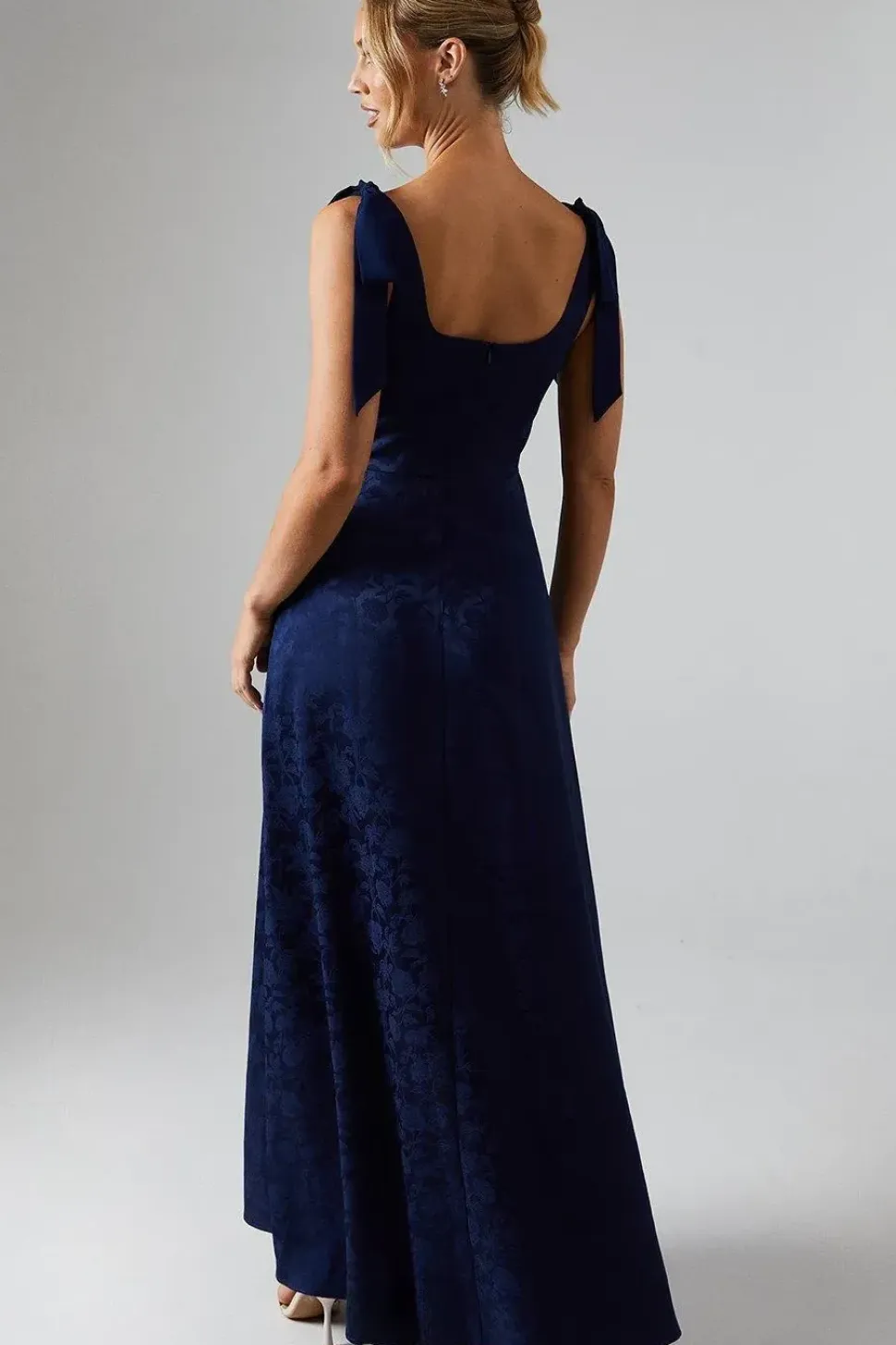 Square Neck Chiffon Tie Shoulder Satin Jacquard Bridesmaids Dress