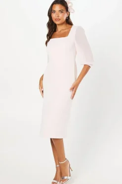 Square Neck Contrast Sleeve Pencil Dress