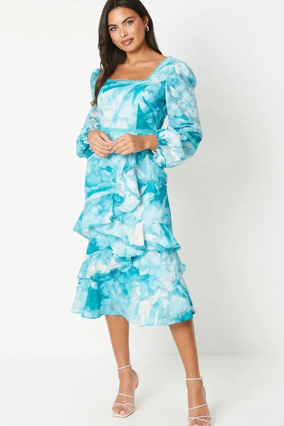Square Neck Jacquard Ruffle Midi Dress