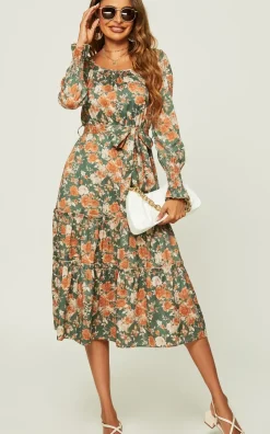 Square Neck Layered Ruffle Long Sleeves Midi Dress In Green Floral Print