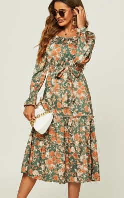 Square Neck Layered Ruffle Long Sleeves Midi Dress In Green Floral Print